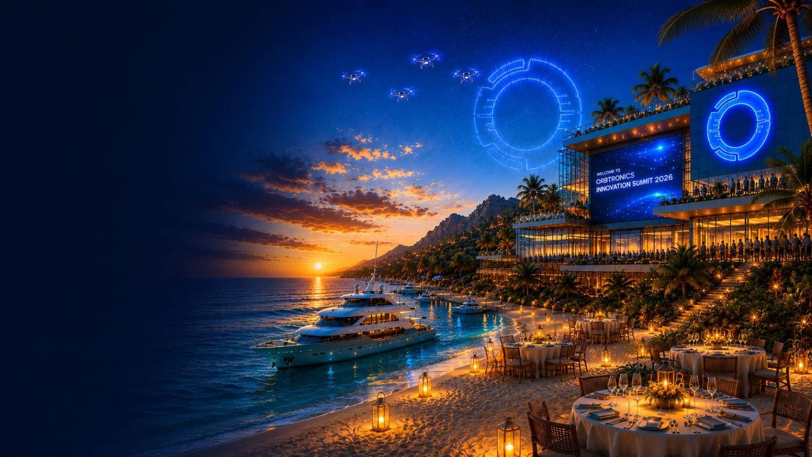 A Caribbean innovation district in Saint Lucia at dusk — drones over the bay, a yacht offshore, a beachfront gala dinner, and a glowing waterfront conference centre
